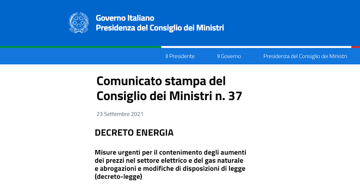 Decreto Energia: Bonus Bollette Imprese per il quarto trimestre 2021